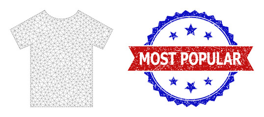 Network t-shirt polygonal frame icon, and bicolor scratched Most Popular seal stamp. Red stamp seal has Most Popular text inside ribbon and blue rosette. Vector frame polygonal net t-shirt icon.