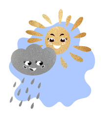 The sun and a cloud with rain. Cute vector characters with big eyes and smiles. Texture with sequins. Summer weather. Vector illustration