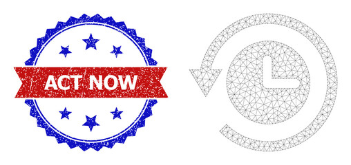 Network time back machine polygonal frame illustration, and bicolor dirty Act Now seal stamp. Red stamp seal has Act Now text inside ribbon and blue rosette.