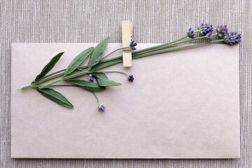 small bouquet of dry lavender on a vintage-style craft envelope. Happy Birthday, Valentine's day,...
