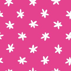 Fototapeta na wymiar Simple vintage pattern. cute white flowers on a bright pink background. Fashionable print for textiles, wallpaper and packaging.