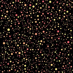 Pink, yellow, and orange stars and circles pattern on the black background. Vector illustration.