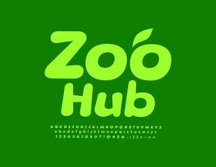 Vector creative emblem Zoo Hub with decorative Leaf. Green funny Font. Cute Alphabet Letters, Numbers and Symbols set