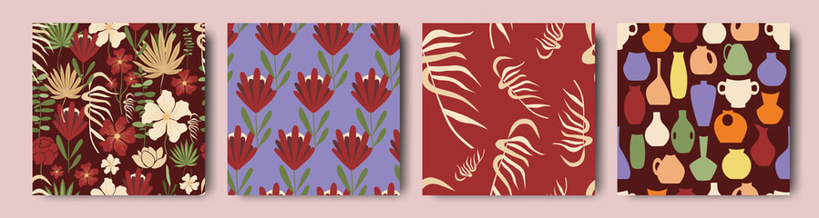 Fototapeta na wymiar Modern botanical floral abstract set of seamless patterns , flowers and plants , vases in fashion technique , bard red and sand tones. Trendy design for print, paper, packaging, cover, fabric, vector