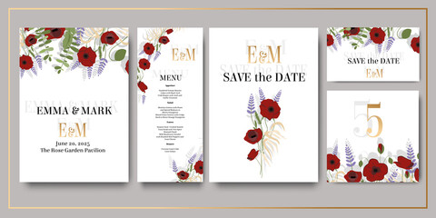 Set of wedding invitations, set of fashionable templates for design , vector - save the date, wedding menu, table number, invitation. Red and Lilac flowers, Poppies and lavender, greenery. 