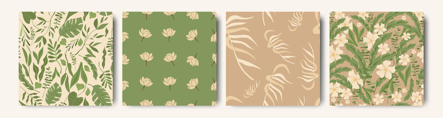 Modern botanical floral abstract set of seamless patterns , flowers and plants in trendy technique , green and beige. Design for print, paper, packaging, cover, fabric,  vector