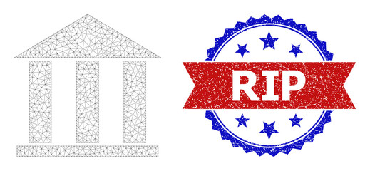 Fototapeta na wymiar Mesh net library building polygonal model illustration, and bicolor unclean RIP seal stamp. Red stamp has RIP text inside ribbon and blue rosette. Vector carcass polygonal mesh library building icon.