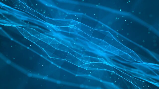 Animated glowing background. Texture moving plexuses of lines, particles, dots. Abstract DNA chain. Artificial intedect. Digital network. World Wide Web. Intro for technology, medicine, business. 4k
