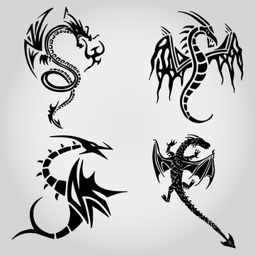 Dragons. Vector illustration.Stylized image of Dragon in black and white.