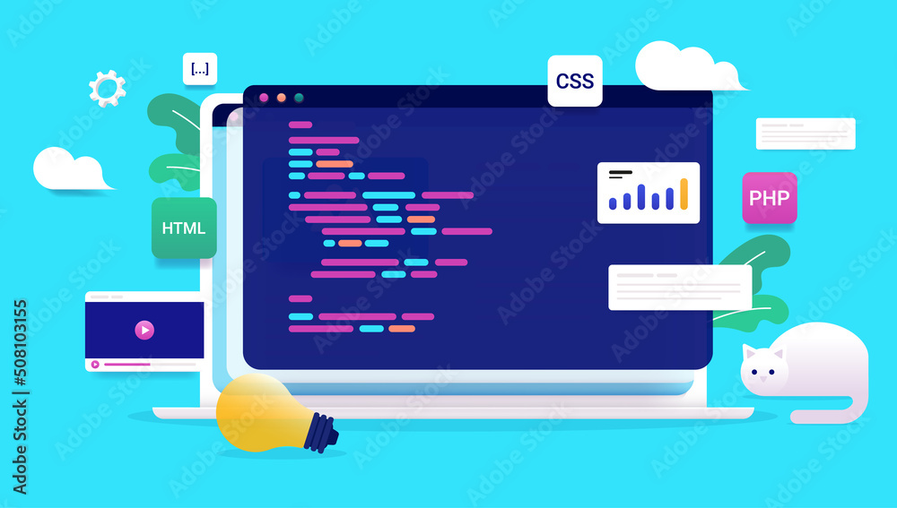 Leinwandbilder Web development programming on computer screen - Vector illustration of laptop with code on screen and design elements around