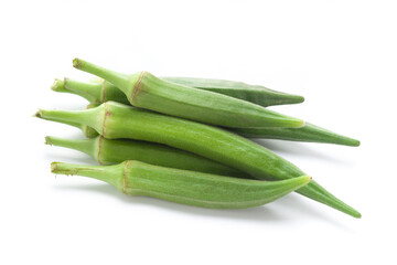 Close-up of organic green fresh Okra or ladies' fingers fruits(  Abelmoschus esculentus )  isolated over white background