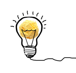 Yellow crumpled paper ball and drawn lamp bulb on white background