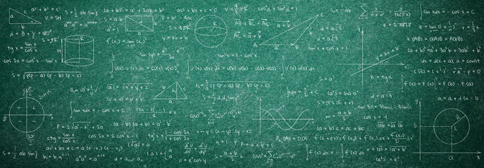 Many different math formulas written on chalkboard. Algebra and Geometry - obrazy, fototapety, plakaty