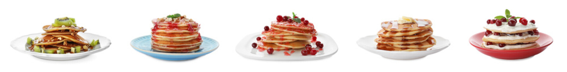 Set with tasty pancakes on white background. Banner design