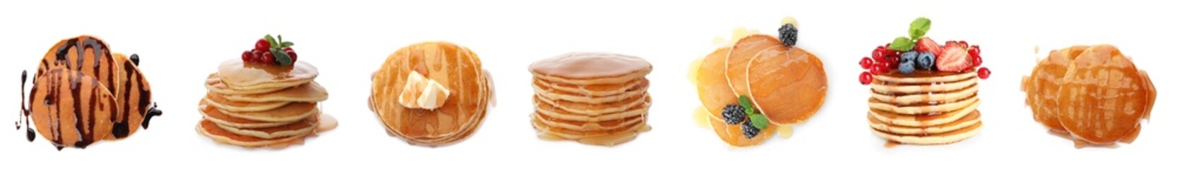 Set with tasty pancakes on white background. Banner design