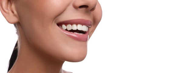 Closeup view of young woman with healthy teeth on white background, space for text. Banner design