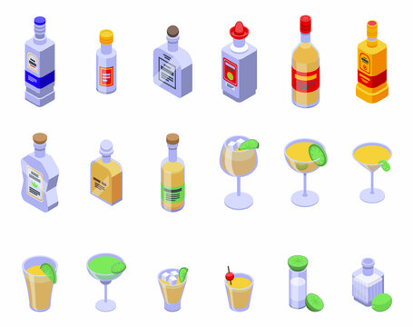 Tequila icons set isometric vector. Mexico shot. Alcohol coctail