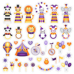 Children's stickers on a circus theme. Cartoon animal toys in circus costumes.