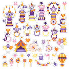 Children's stickers on a circus theme. Cartoon animal toys in circus costumes.