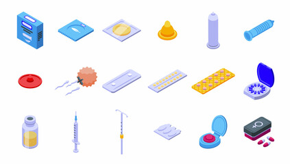 Contraceptives icons set isometric vector. Birth control. Natural cap