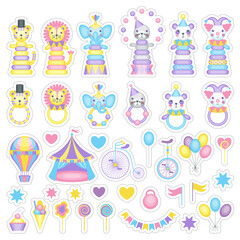 Children's stickers on a circus theme. Cartoon animal toys in circus costumes.