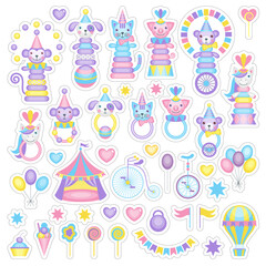 Children's stickers on a circus theme. Cartoon animal toys in circus costumes.