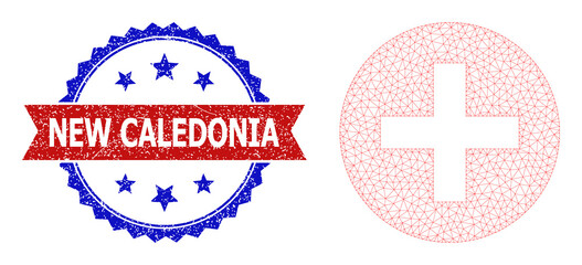 Net mesh medicine polygonal framework icon, and bicolor unclean New Caledonia stamp. Red stamp seal has New Caledonia tag inside ribbon and blue rosette. Vector carcass polygonal mesh medicine icon.