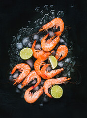 Shrimps prawns boiled dark background copy space.