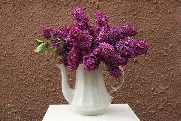 Beautiful lilac flowers in teapot near brown wall