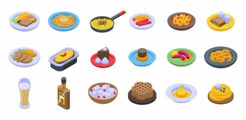 Austrian cuisine icons set isometric vector. Strudel bakery. Cafe plate