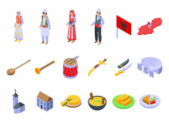 Albania icons set isometric vector. Area map. Flag country