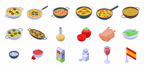 Paella icons set isometric vector. Dish cook. Cooking cuisine