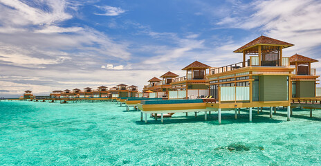 Travel, tourism and relaxation in the resort of the Maldives. Paradise tropical beach. Paradise...
