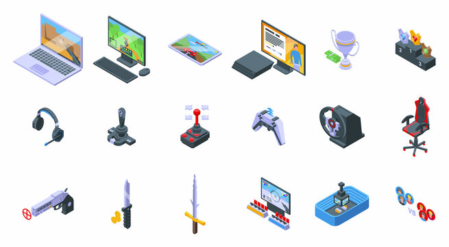 E-sports icons set isometric vector. Game computer. Console controller