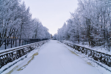 Russia. Kronstadt, January 12, 2022. Picturesque winter view of the Kronstadt Bypass Canal.