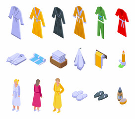 Spa clothing icons set isometric vector. Bath robe. Soft belt
