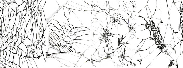 Cracks on the glass, the effect of a broken smartphone screen. Set of 4 photos on a white background.
