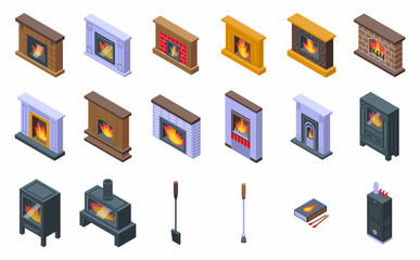 Furnace icons set isometric vector. Industrial gas. Air burn