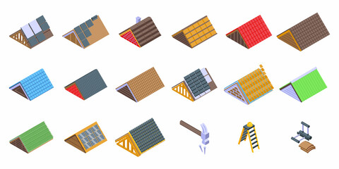 Install the roof icons set isometric vector. Safety builder. Construction home © ylivdesign