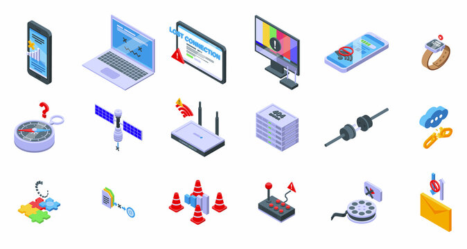 Lost connection icons set isometric vector. Antenna available. Cell connection