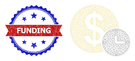 Net mesh dollar credit polygonal carcass icon, and bicolor rubber Funding stamp. Red seal has Funding tag inside ribbon and blue rosette. Vector carcass polygonal mesh dollar credit icon.