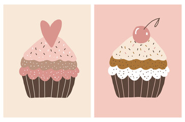 Cute Birthday Party Vector Illustration. Hand Drawn Chocolate Cupcake and Muffin with Heart and Cherry Isolated on a Cream and Pink Background. Sweet Birthday Print ideal for Card, Wall Art, Poster.