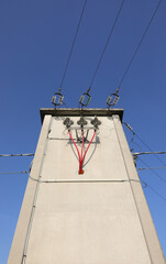 bare copper cables and insulated red electrical wires in the big substation