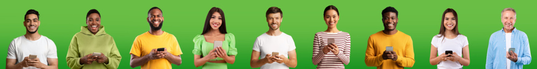 Smiling millennial and old multiethnic guys and ladies in casual chatting on smartphones, isolated on green background - Powered by Adobe