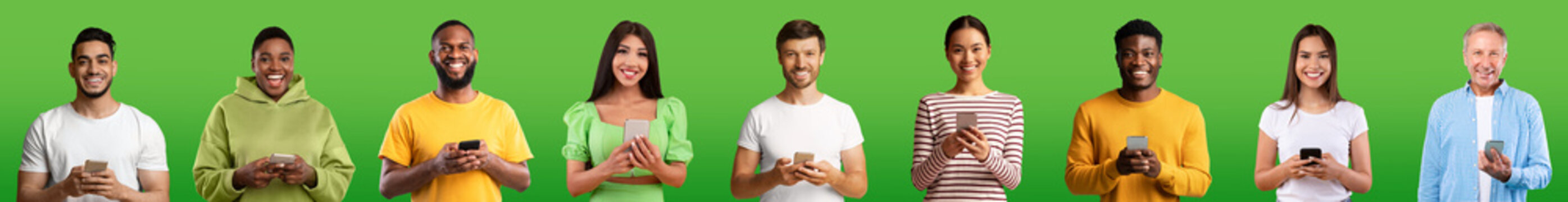 Smiling millennial and old multiethnic guys and ladies in casual chatting on smartphones, isolated on green background