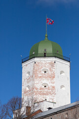 White tower of Vyborg Castle on a sunny day. Russia