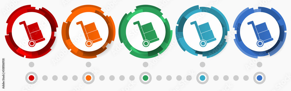 Poster Barrow, delivery service concept vector icon set, modern design abstract web buttons in 5 color options, infographic template for webdesign and mobile apps
