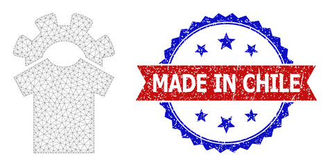 Net mesh dress industry polygonal carcass icon, and bicolor scratched Made in Chile seal. Red badge contains Made in Chile tag inside ribbon and blue rosette.