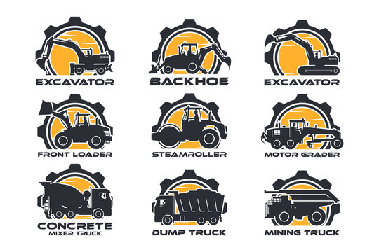 Heavy machinery label logo, excavator, backhoe, front loader, soil compactor, motor grader, concrete trucks, truck and mining truck