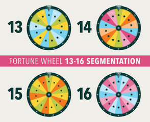 Collection of fortune wheel flat illustrations. 13, 14, 15 and 16 segmentation fortune wheel objects.